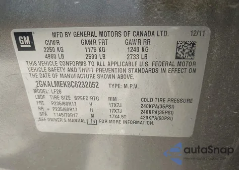 2012 GMC Terrain Sle-1 из США, поврежденный, VIN 2GKALMEK8C6232052